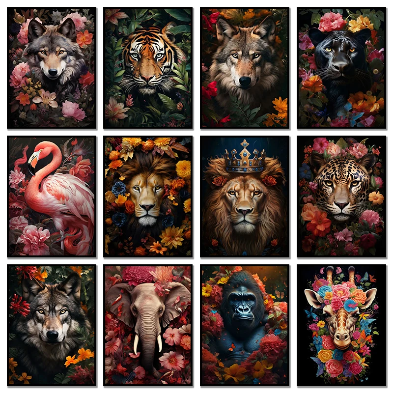 Nordisches Blumen- und Tiermotiv-Poster, HD-Bild, Löwe, Tiger, Hirsch, Leopard, abstrakte Wandkunst, Diamantmalerei für Wohnzimmerdekoration