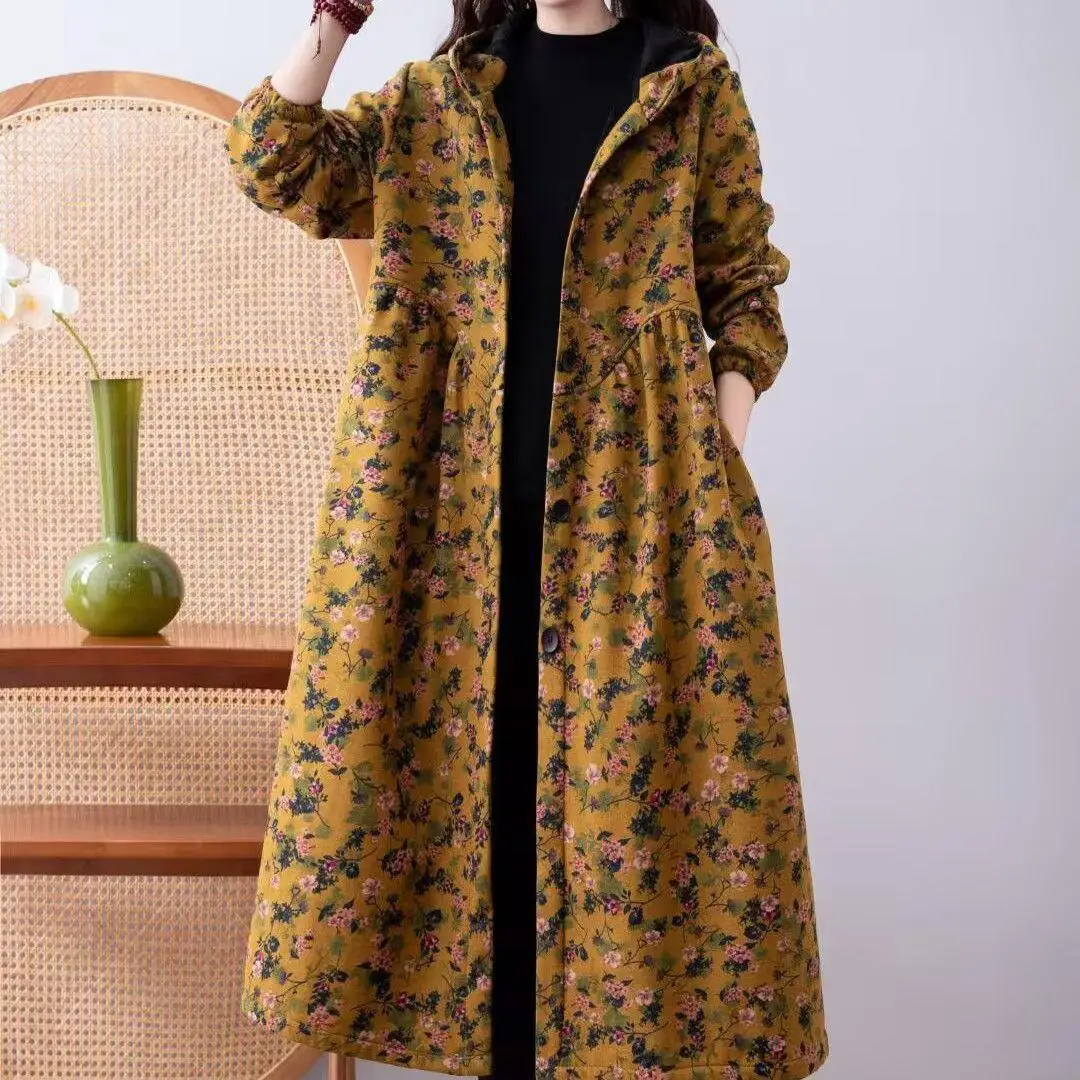 Autumn Winter Print Cotton Coat Women's Clothing Vintage Warm Mid-length Cotton-padded Jacket Hooded Pocket Design Outerwear New