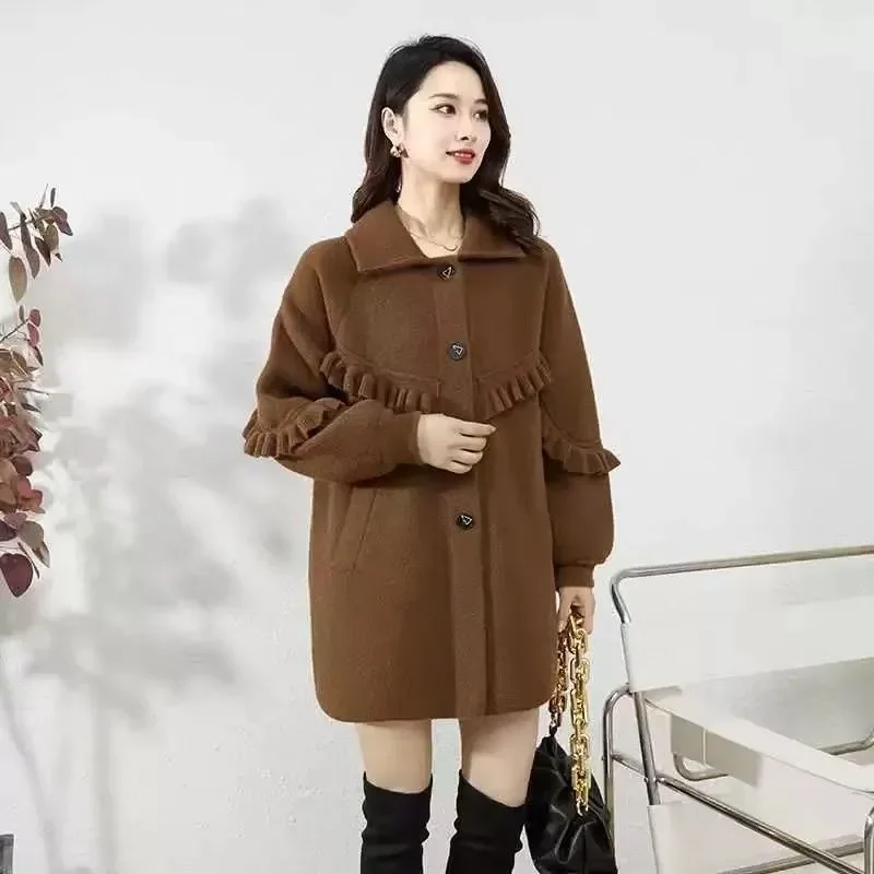 Wooden Ear Edge Wool Coat The Long Female Spring and Autumn New Mother with Loose Casual Ruffled Coat Thickened Fashion Simple