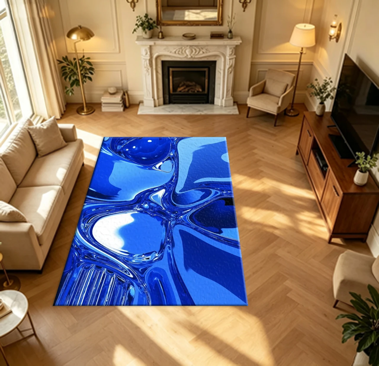 Bright Blue Liquid Metallic Fluid Texture carpet flooring Shiny Abstract Art Floor Rug