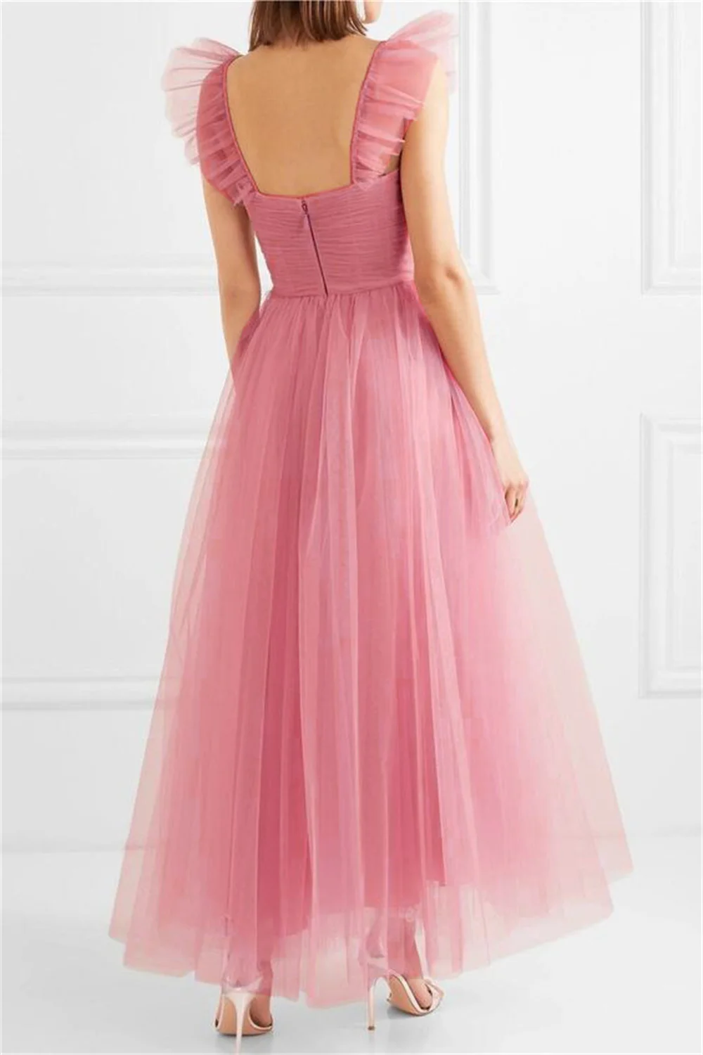 Pink Women V Neck Long Party Dresses 2023 New Sexy Tulle Ruffles Maxi Ball Gowns Female Formal Wedding Bridesmaid Dress