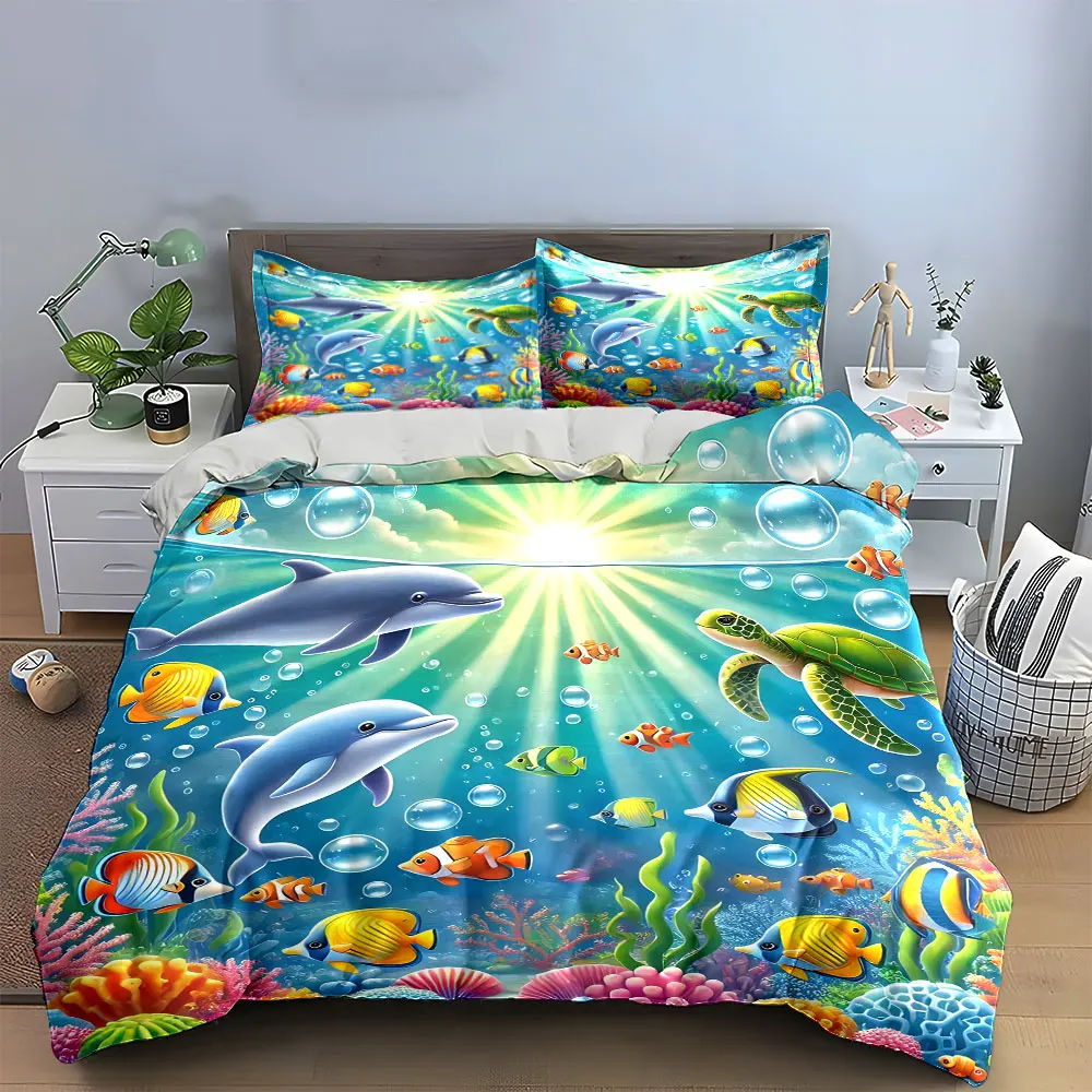 Underwater Animals Themed Bedding Set Multiple sizes kid's and adults' bedroom Exquisite 3PC bedding set, gift