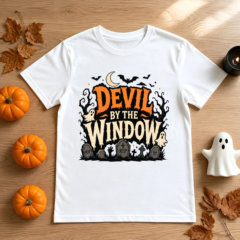 Devil By The Window  Shirt Women Cotton Halloween Graveyard Ghost Short Sleeve Graphic Tee Spooky Witch Vintage Casual Tops