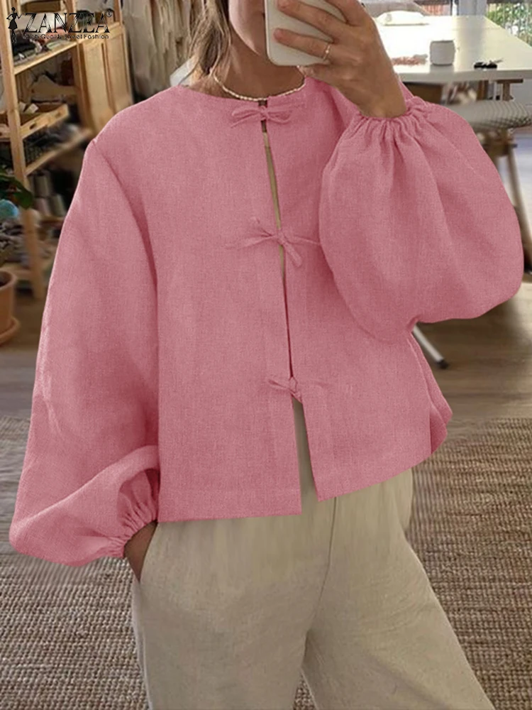 

ZANZEA 2025 Vintage Shirts Women Fashion Long Sleeve Blusas Casual Loose Lace-Up Tunic Autumn O Neck Solid Color Pullover Tops