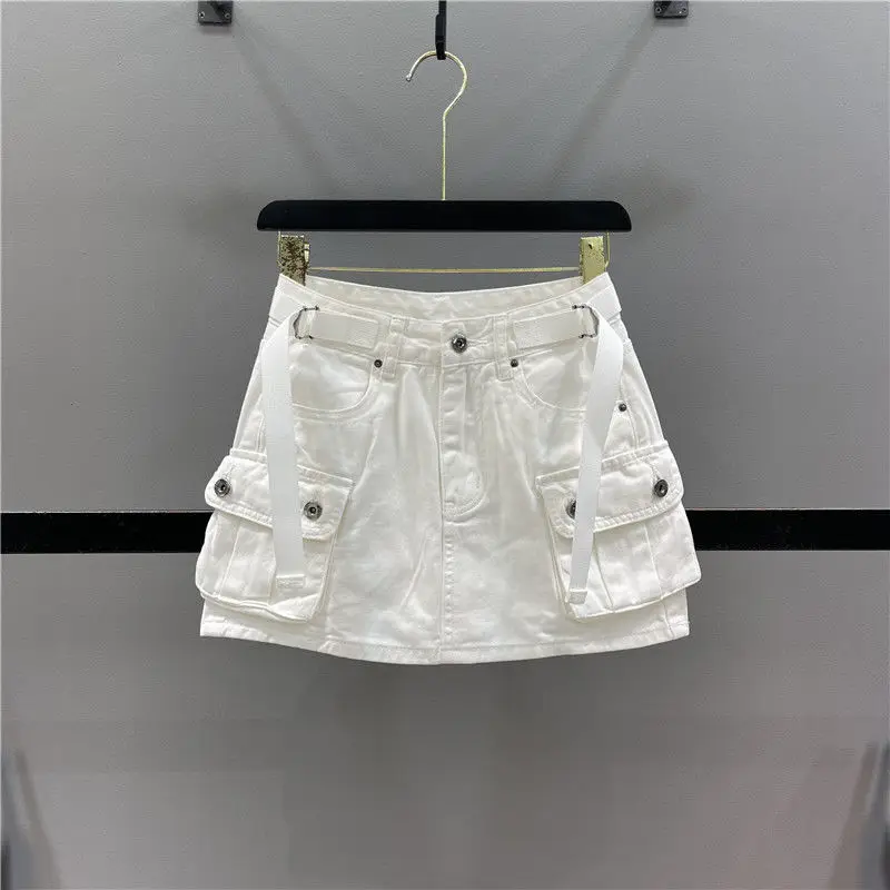 Women Vintage Casual Vintage Skirt Sexy Women's Denim Skirts Three Dimensional Strap Pocket Wash High Tooling A-line Jean Skirt