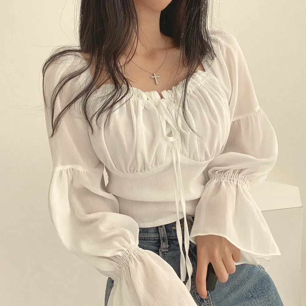 Pure Wind Snow Spinning Long Sleeve One Shoulder Tie Rope Sexy French Gentle Wind Short Shirt Women\'s Top Autumn New Collection