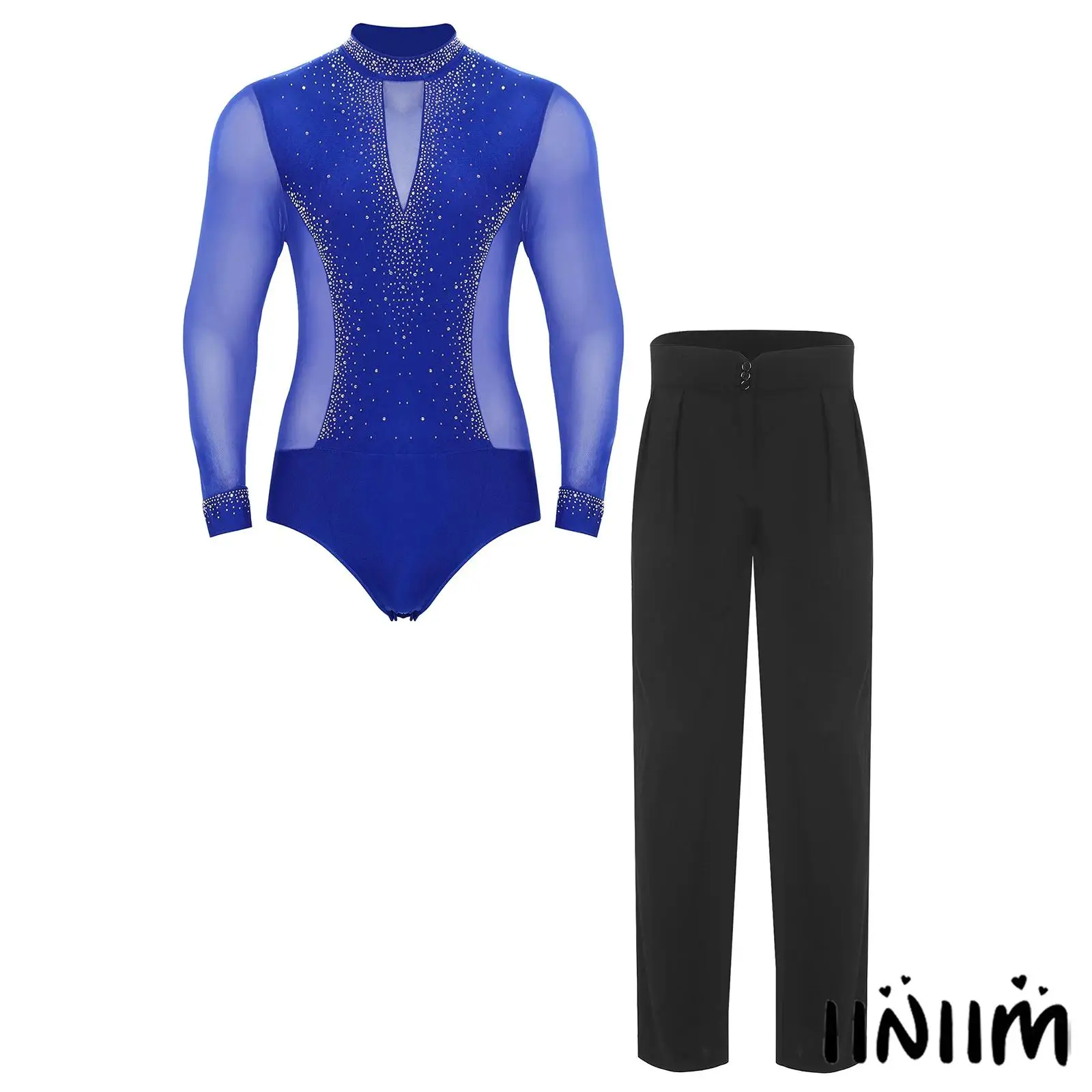 

Mens Shiny Rhinestone Dance Leotard Set Mock Neck Mesh with High Waist Pants for Latin Cha-Cha Figure Skating Performance‌