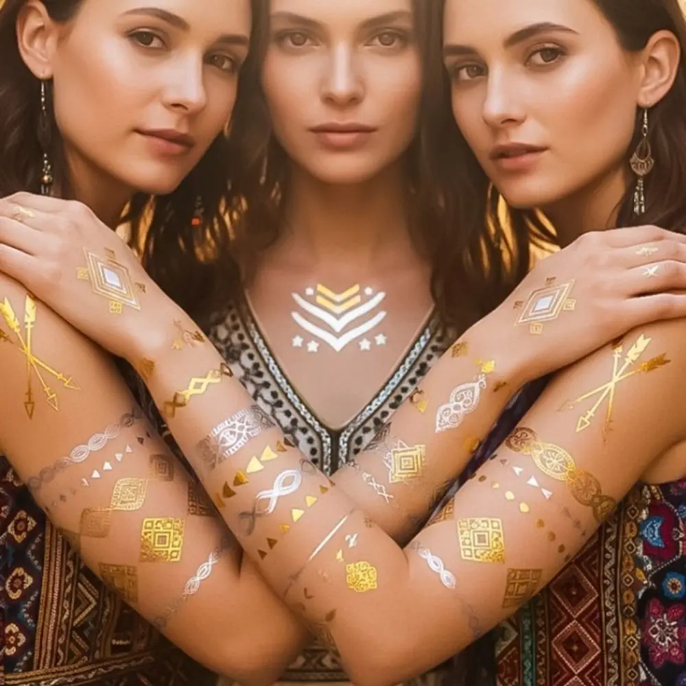 

Mehndi Stickers Bronzing Henna Tattoo Stickers India Flower Totem Butterfly Snake Temporary Tattoo Waterproof Star Moon