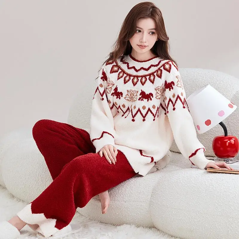 

Girl Winter Homewear Fleece Pajamas Pink Fair Isle Autumn Winter Vintage Half Side Flannel Sleepwear Coral Women's Pajama Set