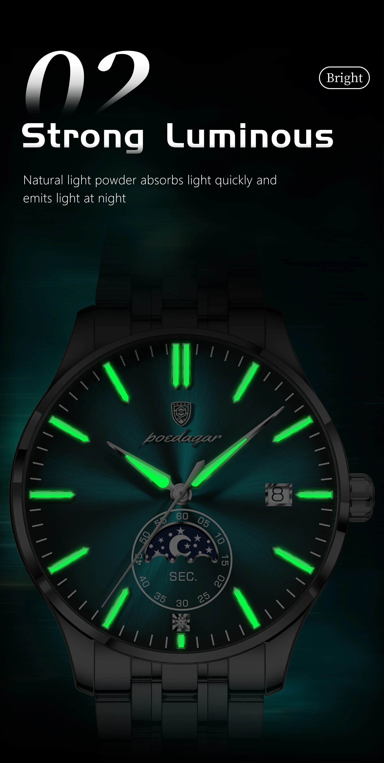 POEDAGAR Top-Luxus-Herrenuhr, Casual Edelstahl Quarz Herren-Armbanduhr, Wasserdicht, Leuchtend, mit Datum, Modische Herrenuhren Reloj – Detail 10