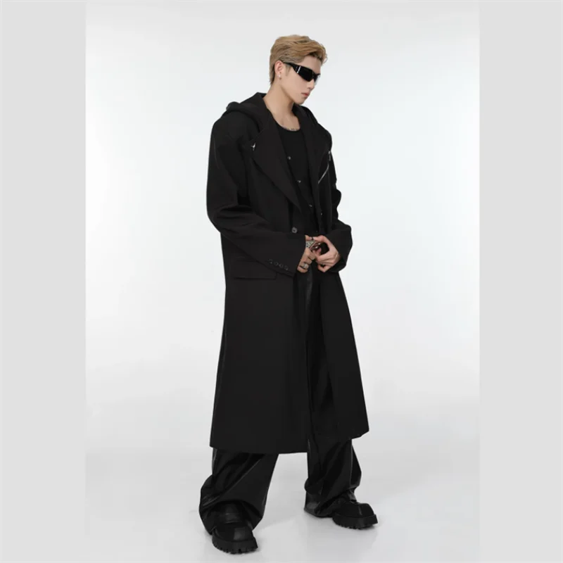 2023 Autumn and winter niche splicing design sense hooded coat men loose medium length over the knee trench coat tide