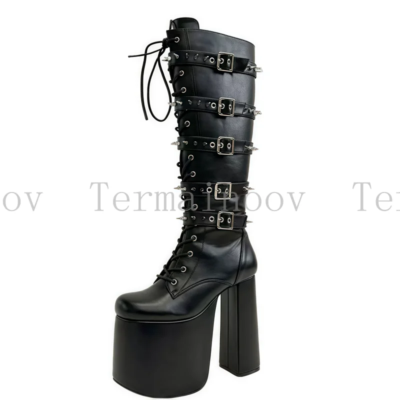 

Women Knee High Boots Fashion Platform Shoes Chunky Heel Long Boots Rivets Decor Buckle Strap Zipper Sexy Punk Style Black Boots