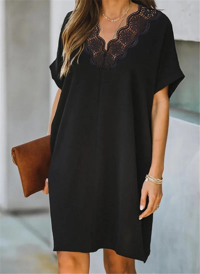 Women's Summer New Loose Butterfly Openwork Solid Color Dress Black Dress