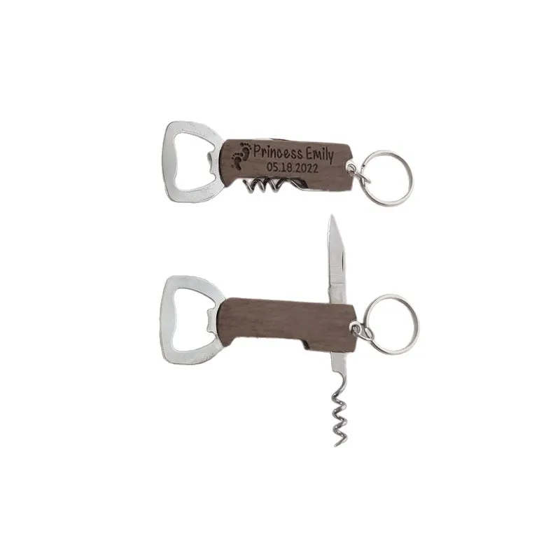 20pcs Beer Bottle Opener Keyring Personalise Multi Function Wooden Handle Corkscrew Wine Opener Keychain Party Guest Favor Gifts
