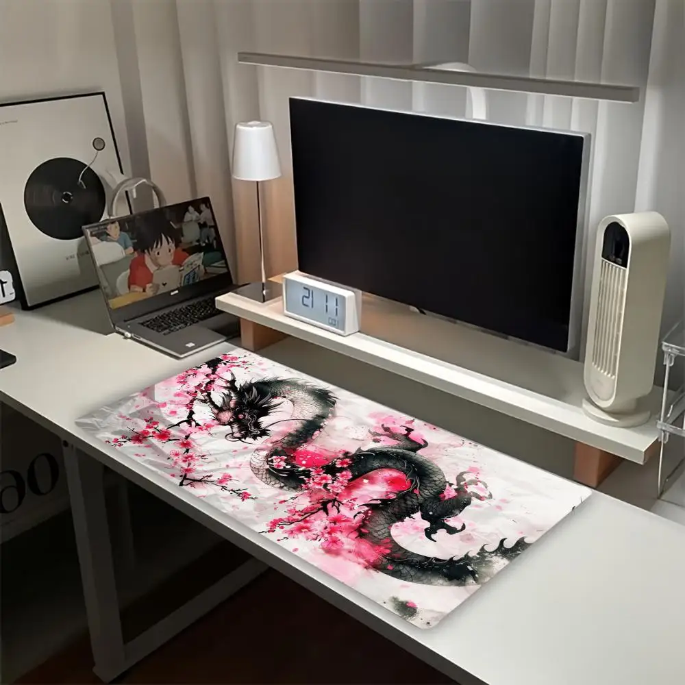 Oriental Ink Dragon Plum Large Extended Gaming Mouse Pad Non Slip Desk Surface Traditional Art Print For Gaming And Office Desks