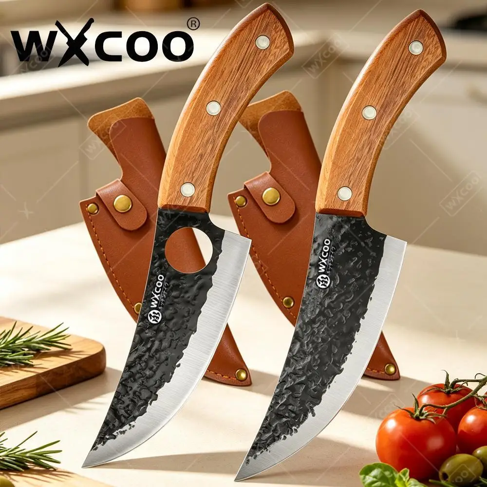 WXCOO Forged Household Meat Knife Cleaver Boning Knife Anti Slip Copper Rivet Wood Handle Forged Blade for Frozen Meat Cutting