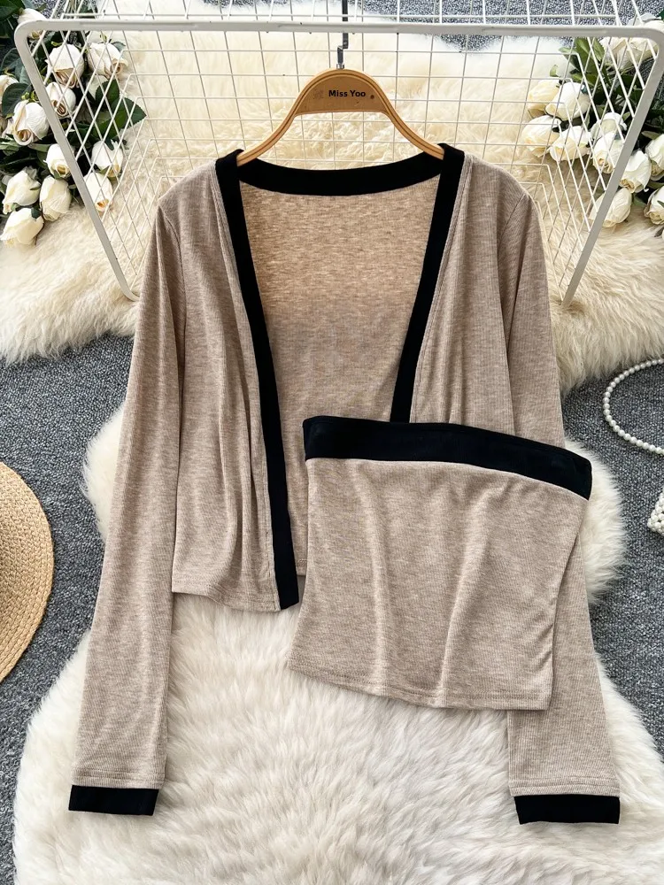 Faionable Loose Damen-Herbst-Outfit, zweiteiliges Set mit Röhrenoberteil und langer Sve-offener Cardigan, lässiger Pendler