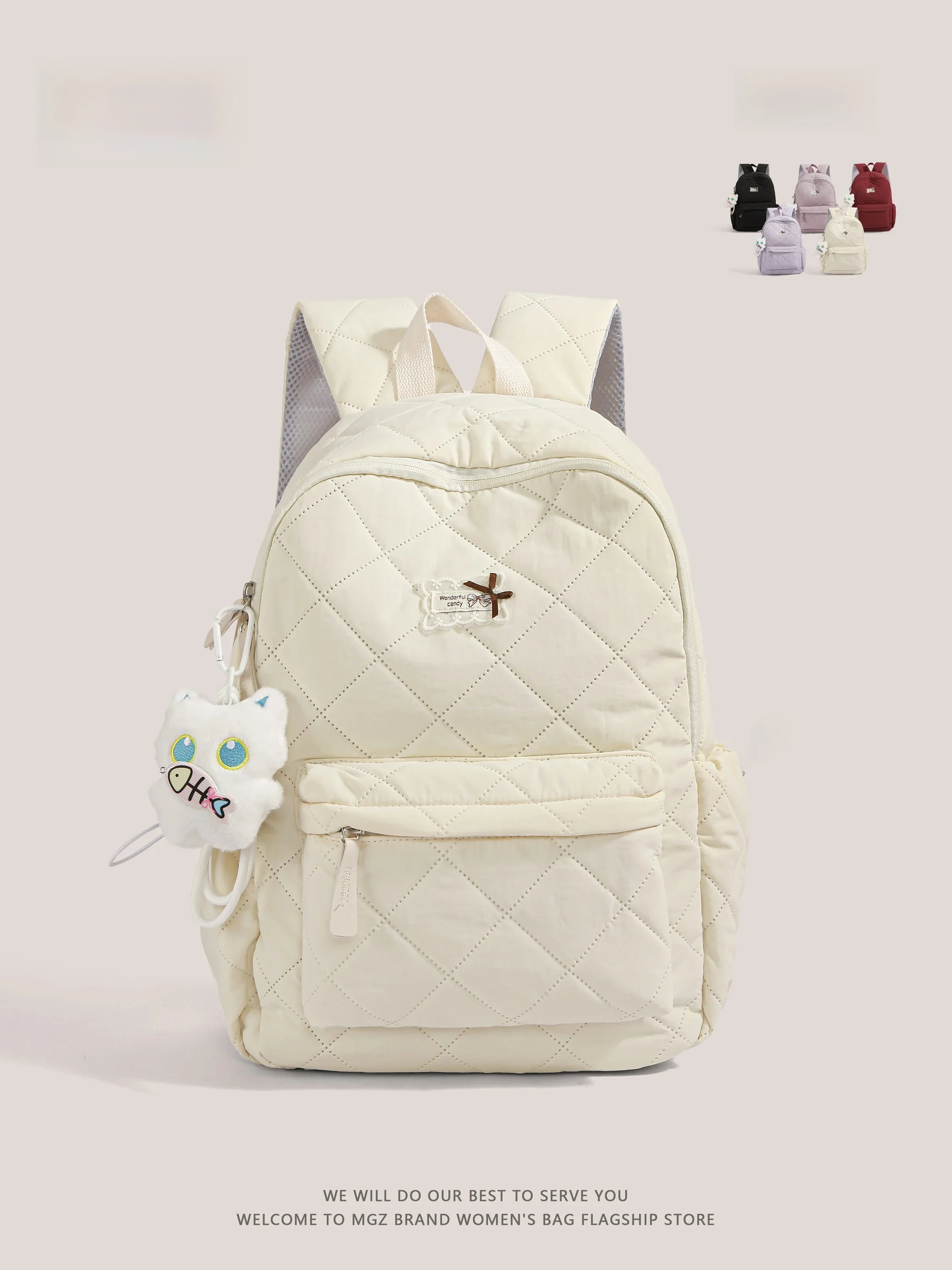 MGZ Simple White Backpack for Girls Casual Style Dual Shoulder Bag Soft Material Zipper Closure Travel Friendly No Waterproof
