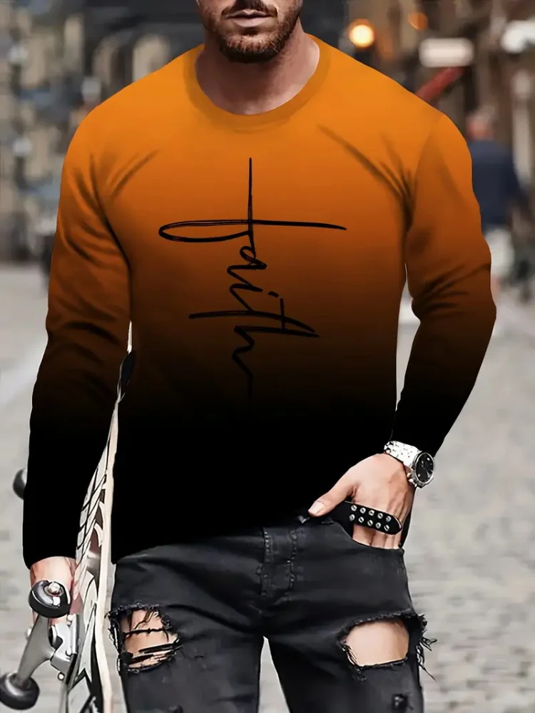 Fashion Trend Men\'s Crew-neck Long Sleeves Cross 3D Printed Men\'s Casual Pullover T-shirt Casual All-match Men\'s Top S-5XL