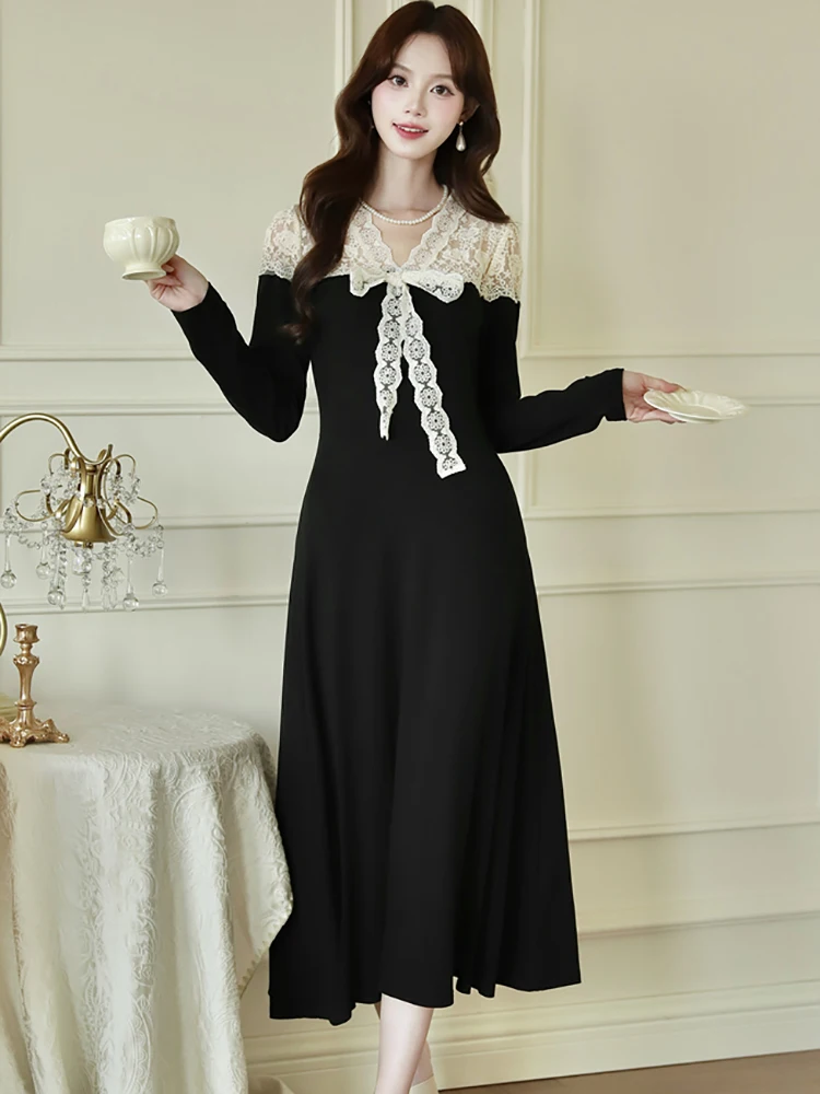 

Black Patchwork White Lace Bow V-Neck Long Dress for Women Autumn Elegant Bodycon Dress Gown 2025 Korean Vintage Hepburn Dresses