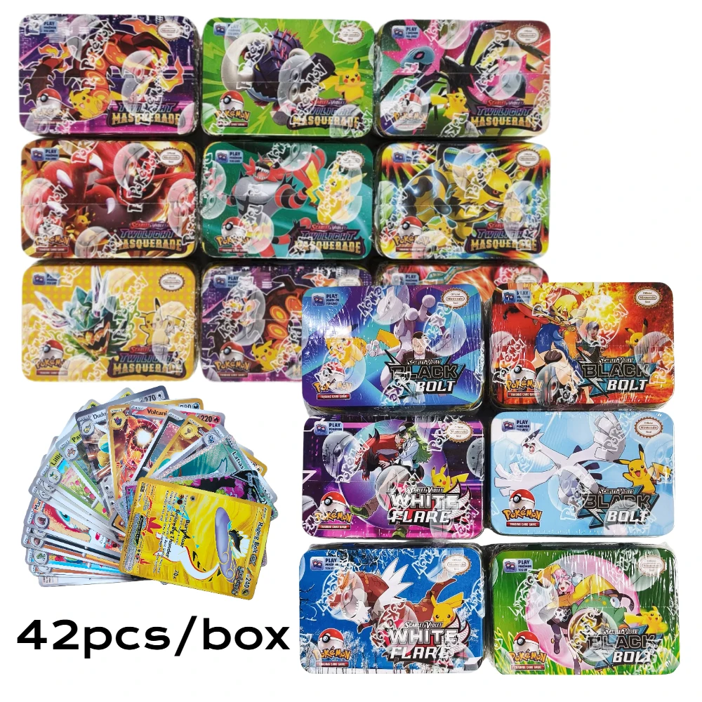 Metal Box Iron Pokemon Battle Toy Set Pikachu Silver Tempest Collectible Cards for Children & Anime Fans 41/42/48pcs/set