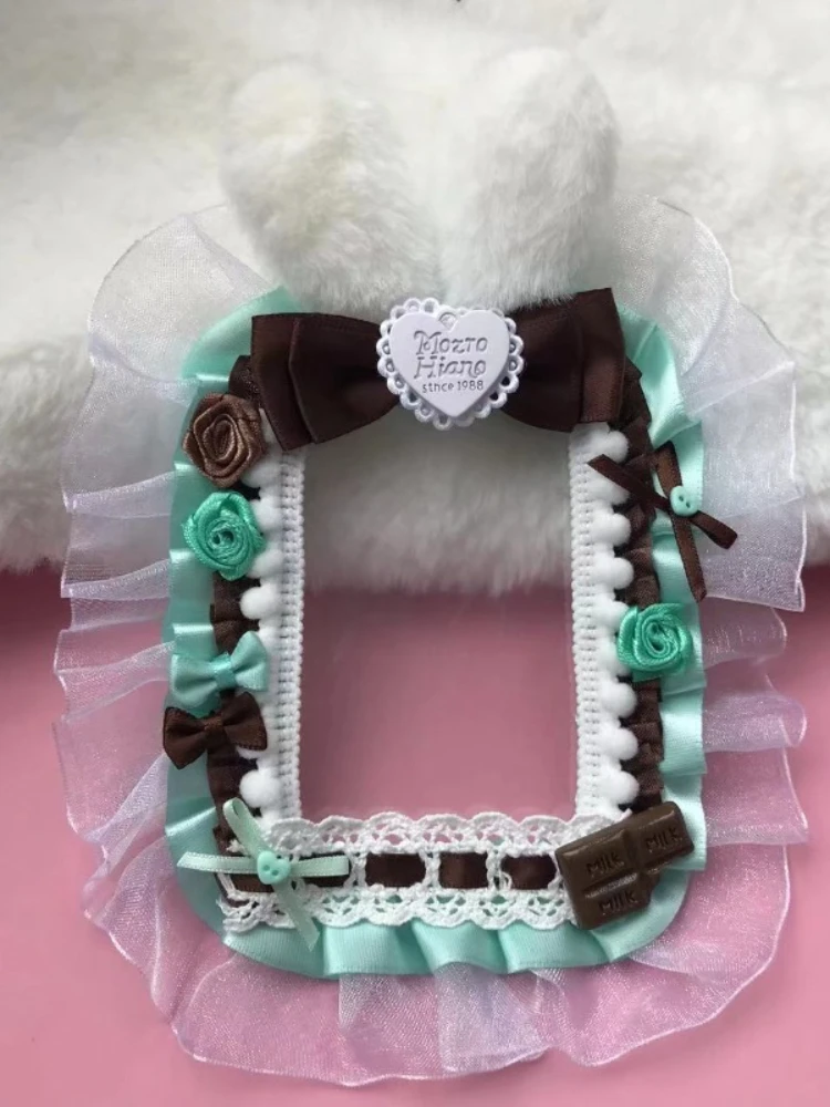 Niedlicher Hasenohren-Fotokartenhalter DIY Minzbonbon-Spitzenschleifen-Badge-Basis Kawaii Lolita Tragbare Itabag Innendekor Fotokartenhülle – Detail 5