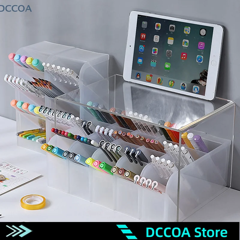 Multi-functional Stationery Storage Box Desktop Transparent Frosted Pen Holder Inclined Makeup Brush Lipstick Storage Box