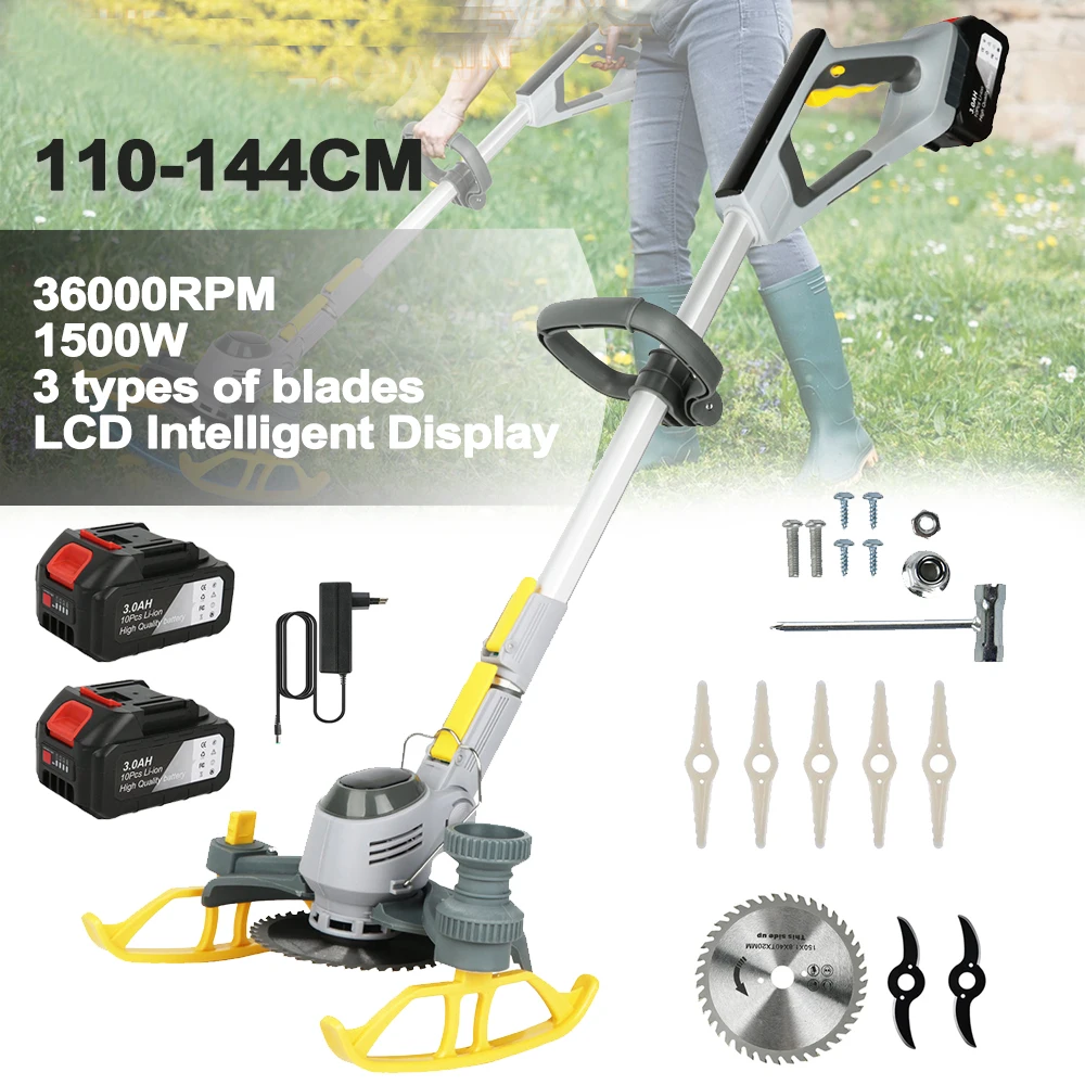Tondeuse à gazon télescopique légère sans fil 21V, coupe-bordure de roue 1500W avec Batteries 30000mAh, coupe de pelouse de jardin