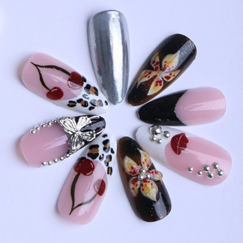

24PCS Almond Shape False Nails Leopard Flower Cherry Long Tip French Design Press on Nails Fake Nails for Women Накладные Ногти