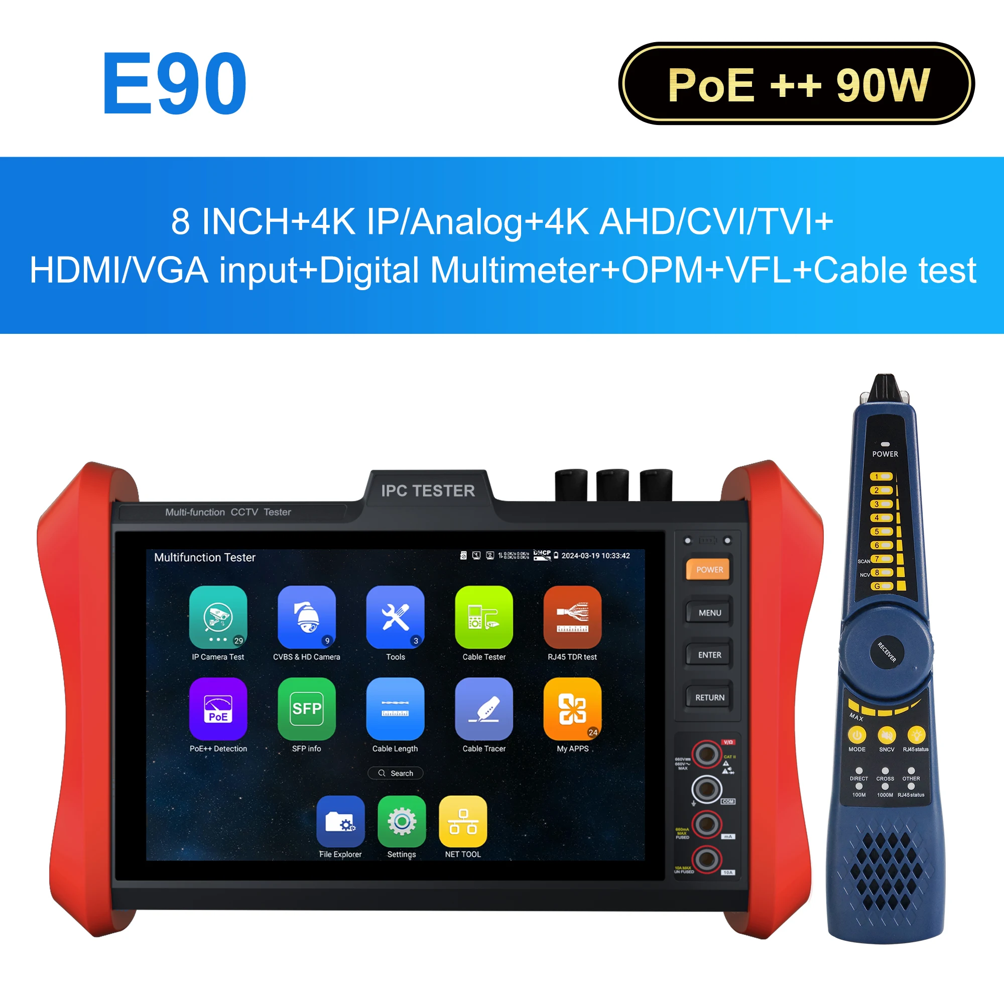 

Тестер для камер видеонаблюдения WANGLU 8 дюймов, POE++ 90W, SFP, 4K, H.265, IP, 8MP, AHD/TVI/CVI, с входами HDMI и VGA, модели E88/E89/E90