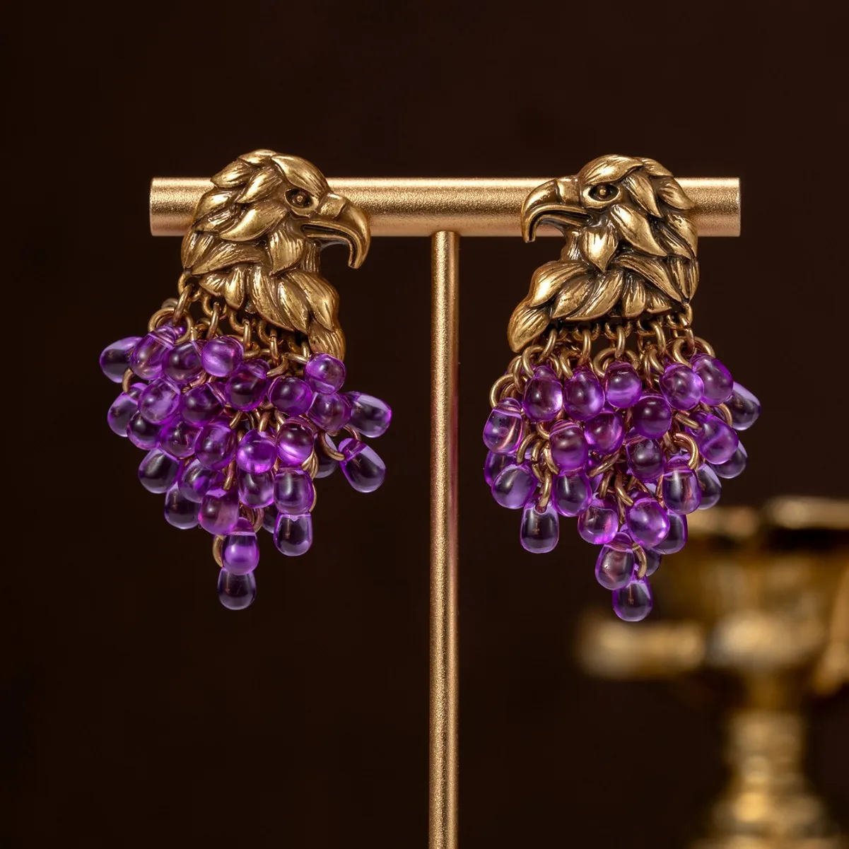 vintage eagle stud earrings purple grape rhinestone earrings flower crystal gem beaded earrings