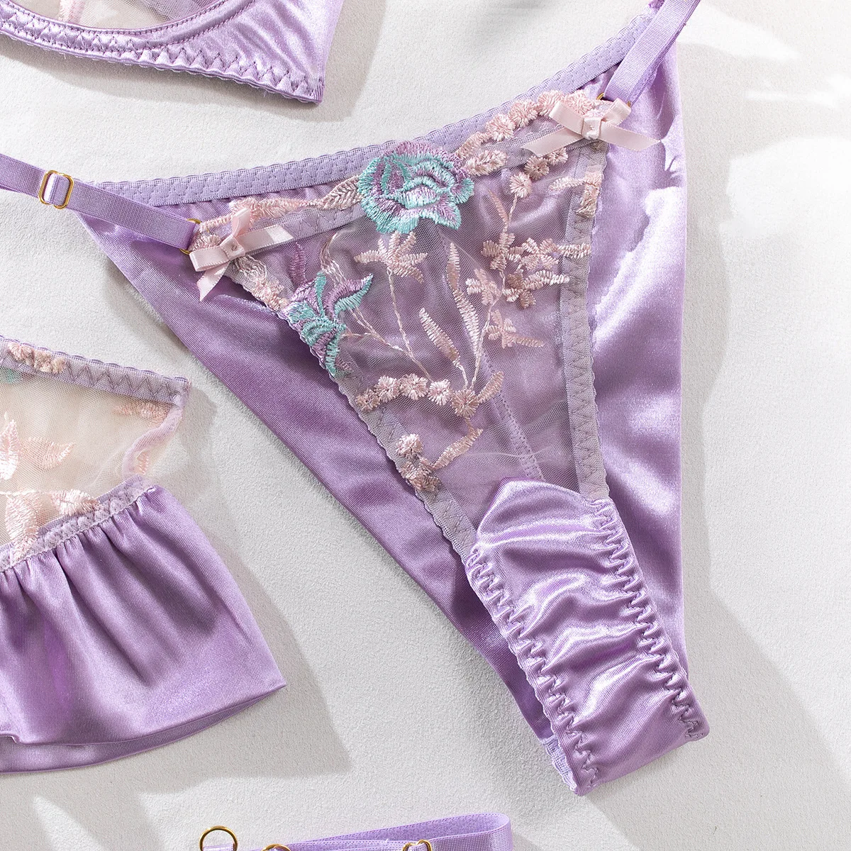 Lencería Sensual para mujer, ropa interior de seda transparente Floral elegante, liguero transparente, conjuntos exótico