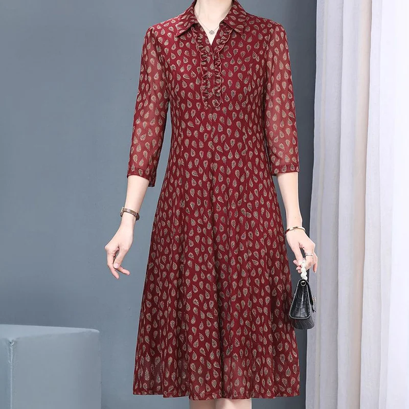 

Удобные платья с отложным воротником, летние пуловеры с рукавом до локтя, женское платье миди в Корейском стиле с принтом, винтажная женская одежда