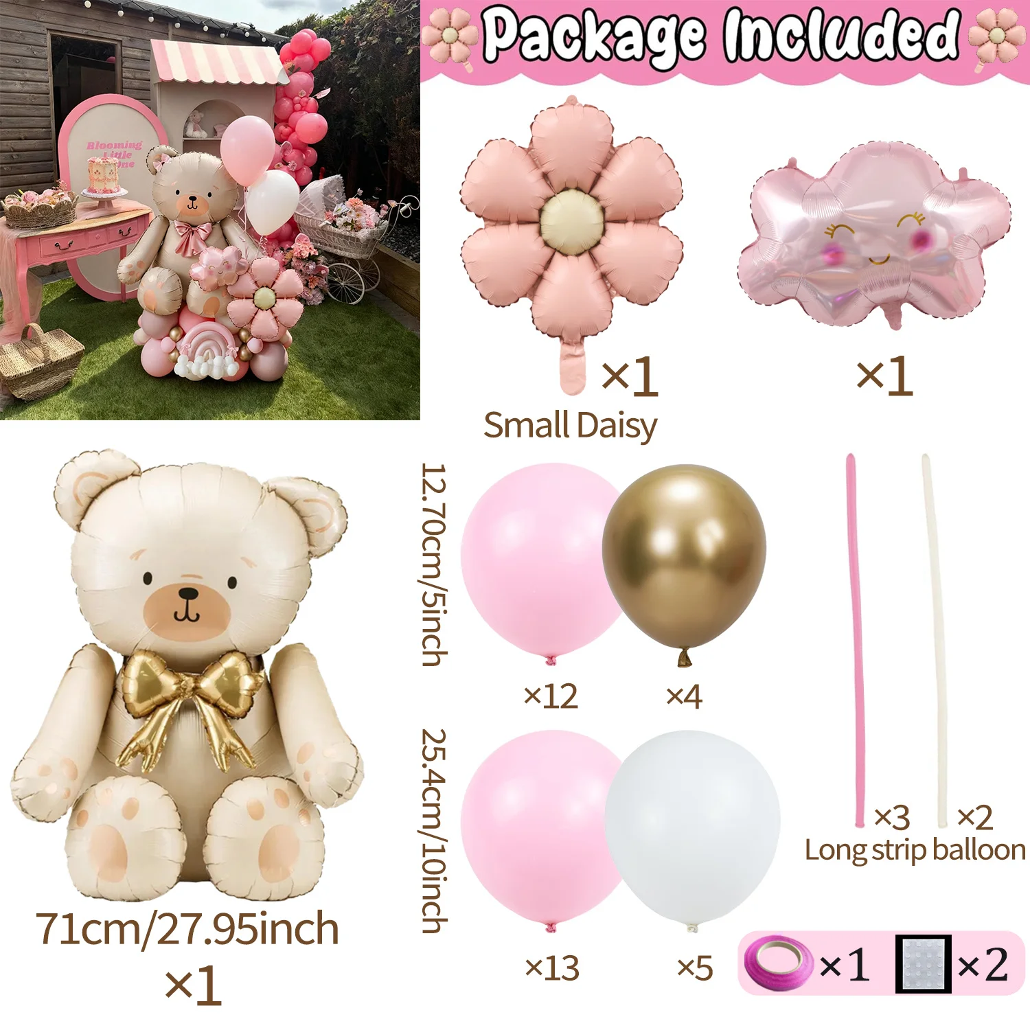 1Set Bow Bear Balloon Set with Pink Daisy Balloon Cloud Aluminum Film Balloon for Birthday Party Shower Proposal Wedding Decor - view 3