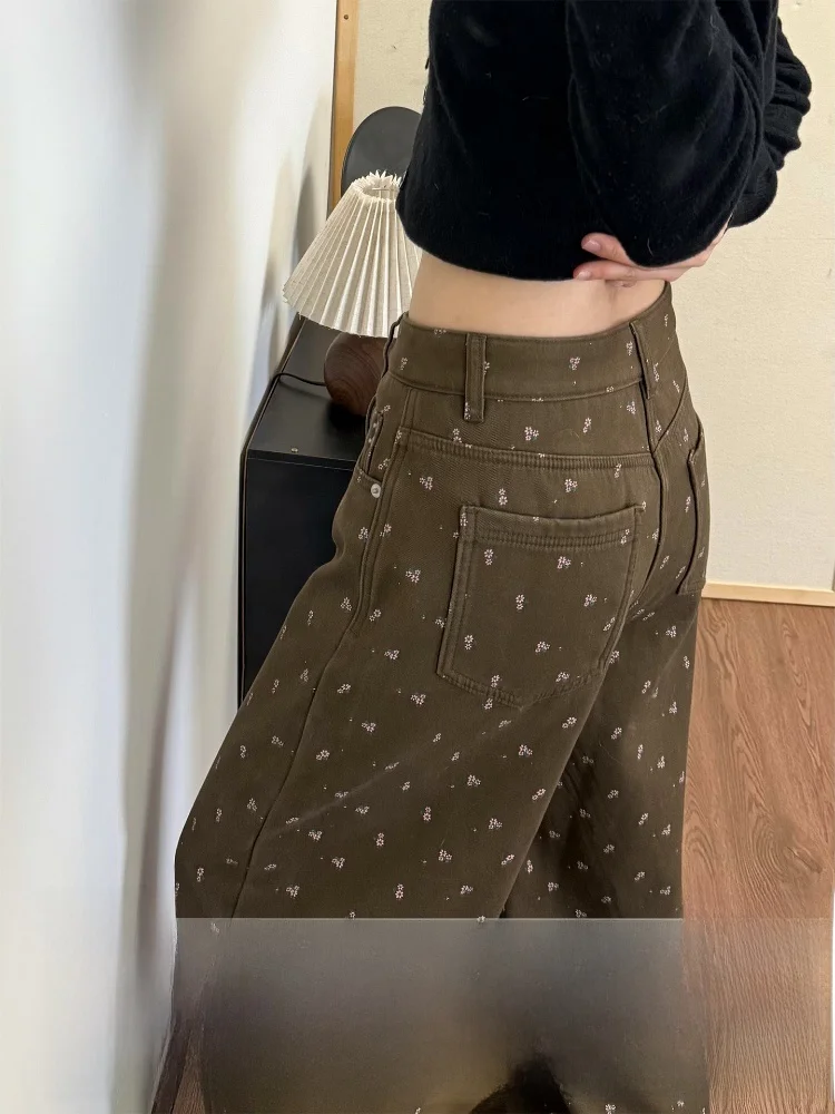 

Коричневые широкие джинсы с цветочным принтом в стиле ретро, женские осенне-зимние облегающие длинные брюки с высокой талией, американские брюки с завышенной талией