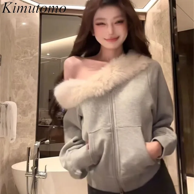 

Kimutomo винтажные топы женские пушистые лоскутные диагональные воротники с открытыми плечами куртки с длинными рукавами гранж Y2k свитшот в стиле Харадзюку