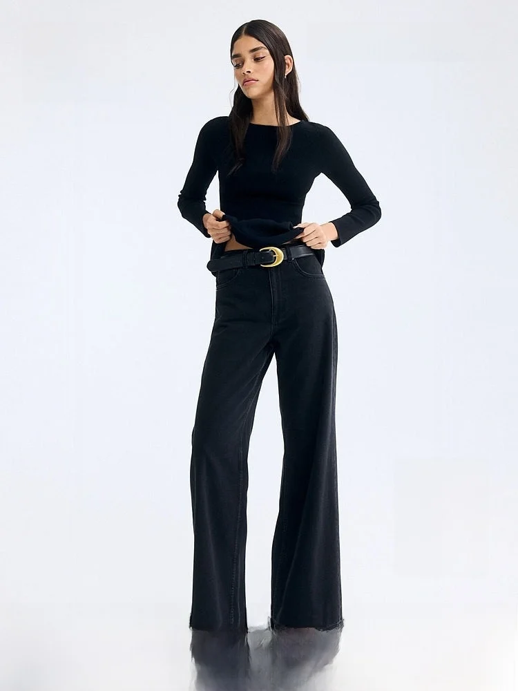 

High Waist Washed Jeans Women's Fashionable Casual Cotton Trousers H&M 1308275 Summer High Waist Long Pants