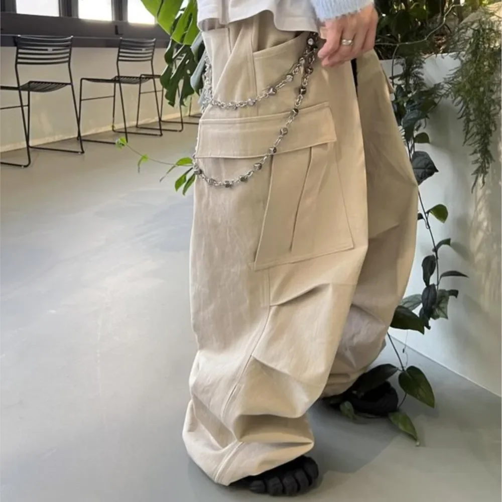 

Pleated Side Zipper Multi-Pocket Leisure Cargo Trousers Straight Profile Casual Pants Hip Hop Wide Leg