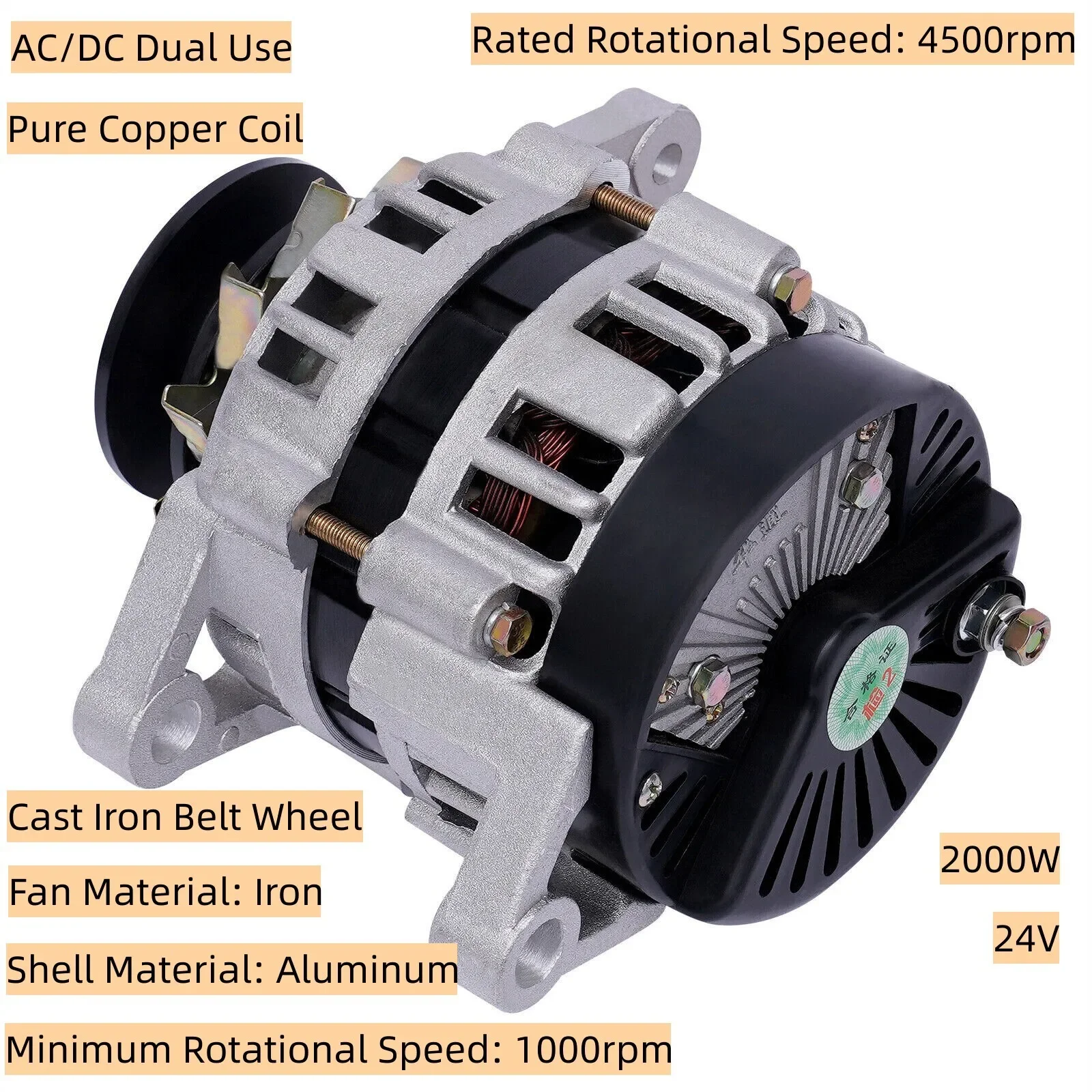 24V 2000W Brushless Permanent Magnet Generator Low RPM PMA Alternator Pure Copper for Tractor Tricycle Charging