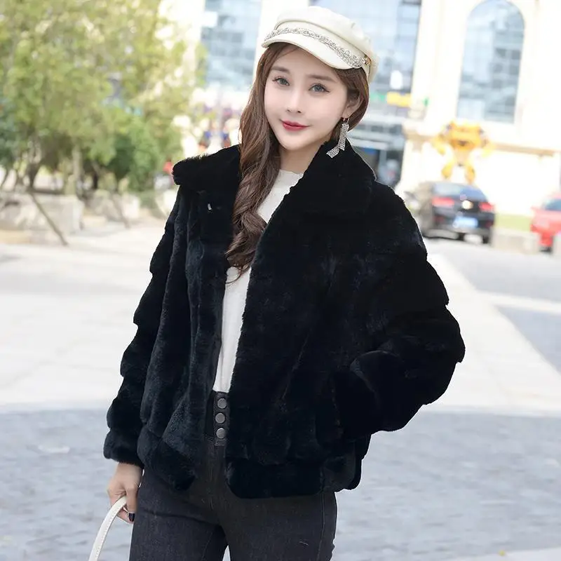 New Fashion Lady 100% Natural Rex Rabbit Fur Coat Women Winter Thick Warm Real Rex Rabbit Fur Jacket With turndown collar