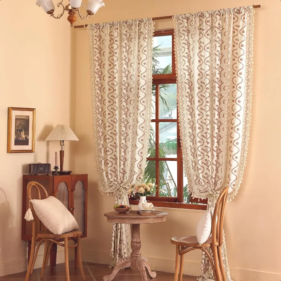 بوهو مزرعة الستائر لغرفة المعيشة 2 لوحات الكتان الأزهار الخريف الستائر 84 بوصة طويلة الخصوصية البلد الكرمة نمط غرفة نوم #2