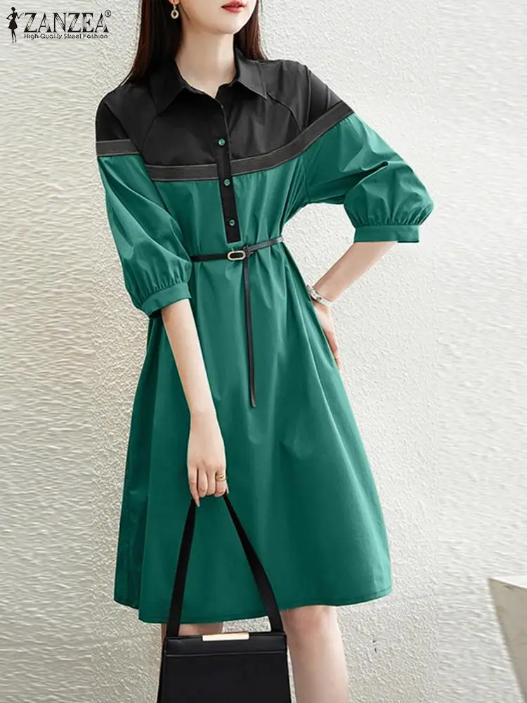 ZANZEA Korean Fashion Color Block Knee-length Dress 3/4 Puff Sleeve Turn-down Collar Women Patchwork Vestidos Elegant Shirtdress