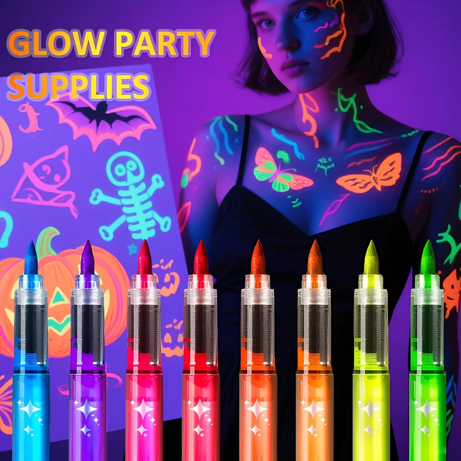 8 Colors Fluorescent UV Face & Body Paint Pens with 31 Reusable Tattoo Stencils Glow in Dark Makeup for Rave Party Festival