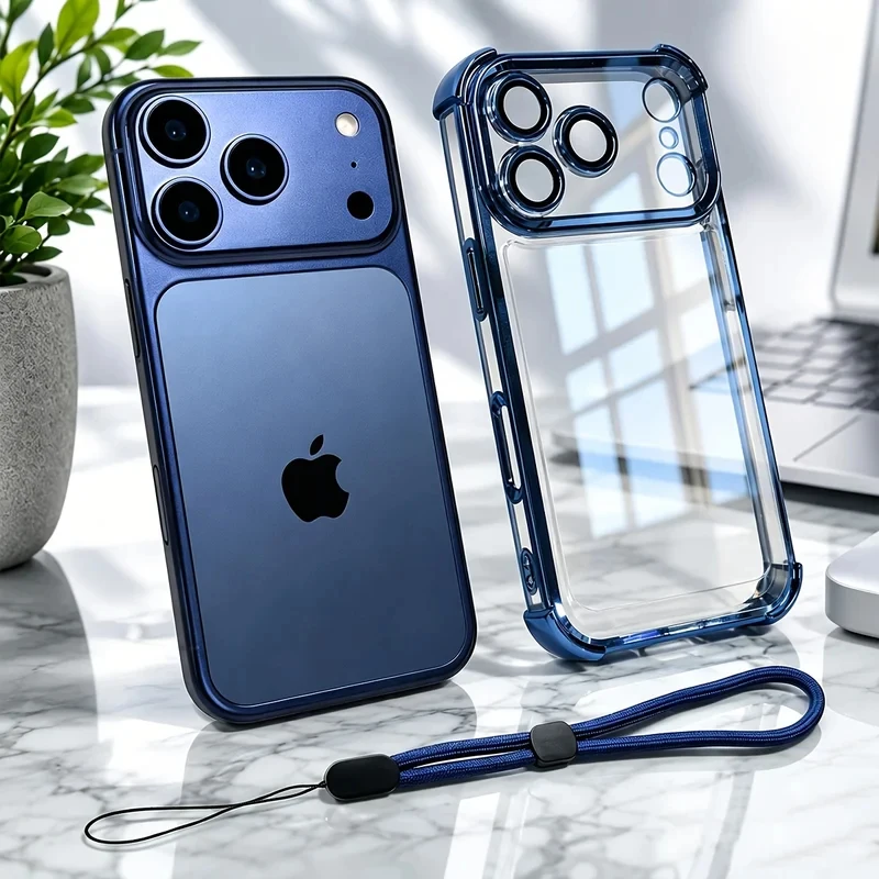 Coque de téléphone de luxe transparente antichoc pour iPhone 18 17 13 12 Pro Max 16 15 14 Plus Air avec dragonne et protection d'objectif