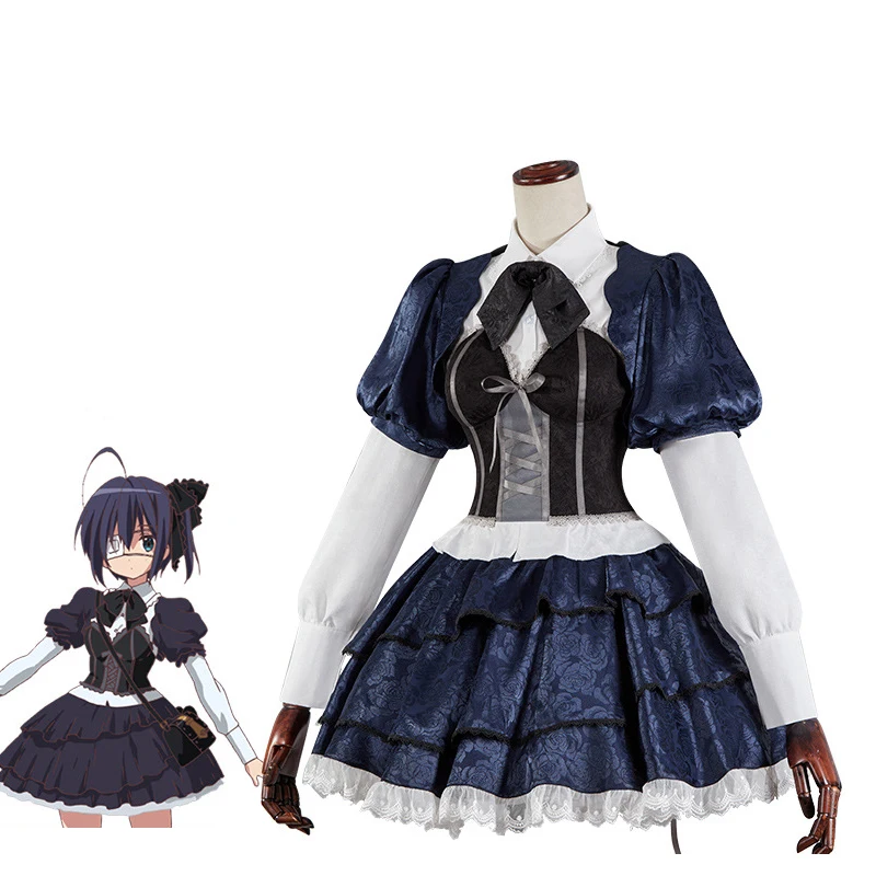 

2025 Anime Gothic Lolita Cosplay Costume, Dark Blue Ruffled Dress Set with Corset & Bow for Cosplay Events & Stage Performances