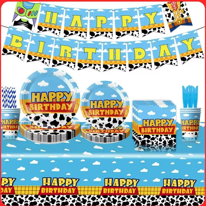 

Toy Story Theme Disposable Party Supplies Tablecloth Plates Cups Napkins Cartoon Character Tableware Set For Birthday Parties