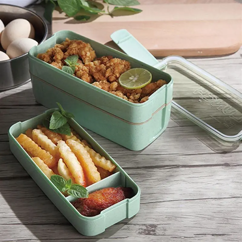 

900ML Healthy Life Wheat Straw 3 Layers Lunch Box with Spoon Fork Microwave Japanese Food Container Preservation Box