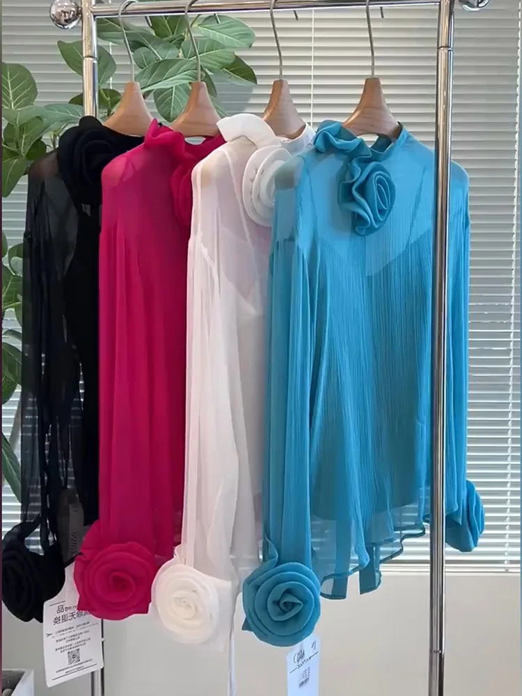 

Spring Summer 2025 New Top For Women Two Pieces With Vest 3D Three-dimensional Flowers Transparent Thin Shirt Long Sleeve 49916