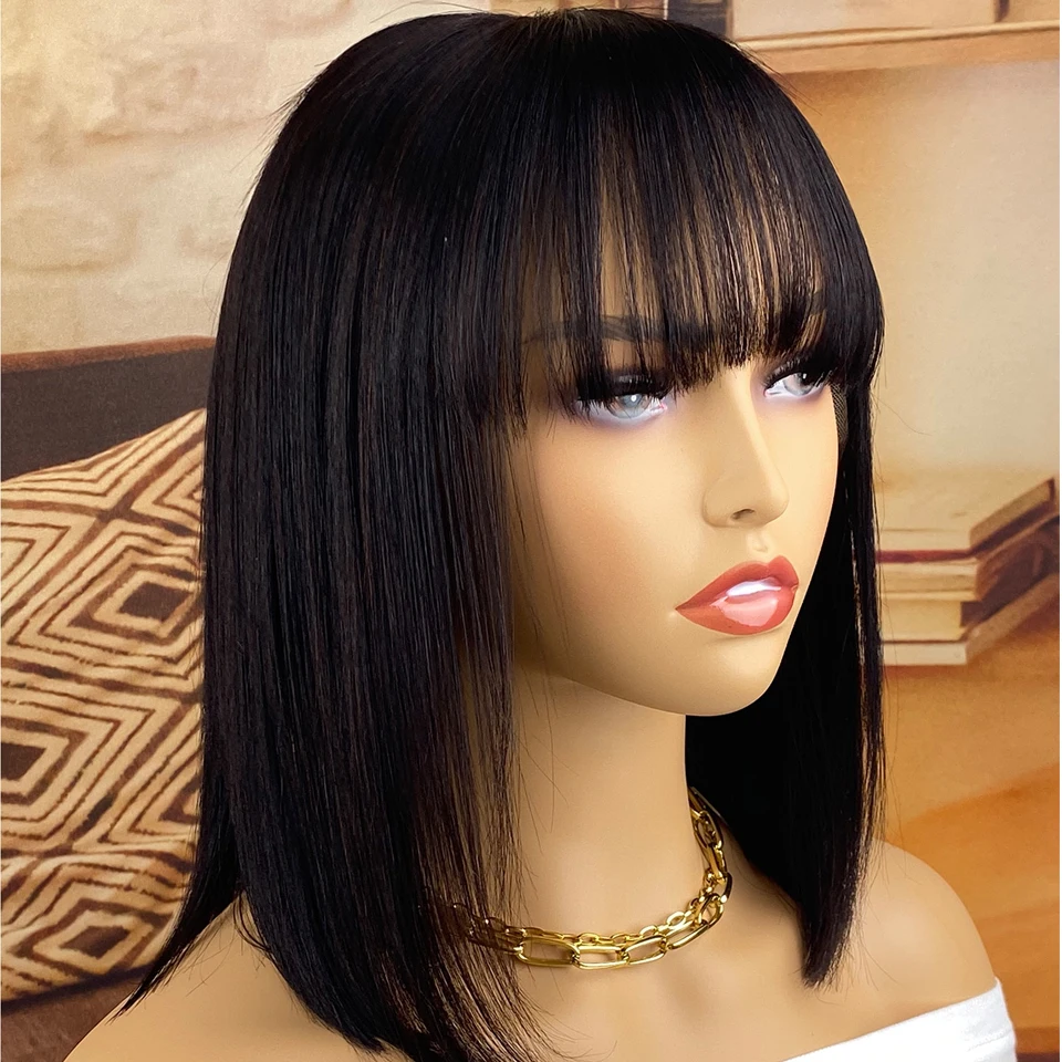 Bob Wigs Remy Straight Human Hair Wig with Bangs Brazilian Hair 8-16 Inches Human Hair Bob Wigs Wig for Women Full Machine Made