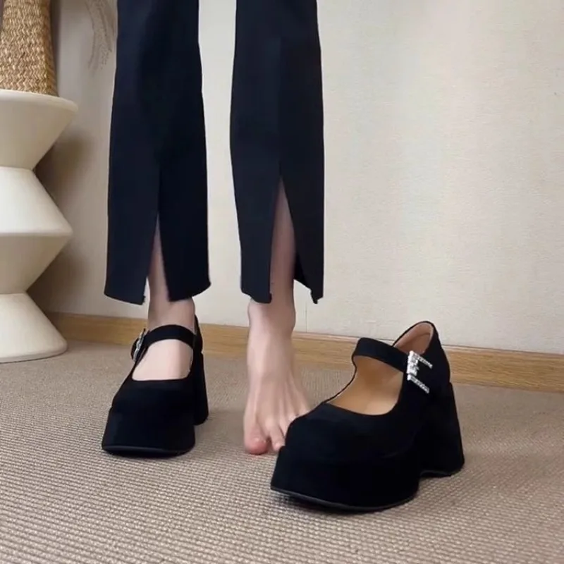 Thick Platform Mary Jane Shoes Women Wedges Bottom Sandals 2026 New Trend Dress Pumps Shallow Mouth Elegant Suede Footwear，35-40 view 4